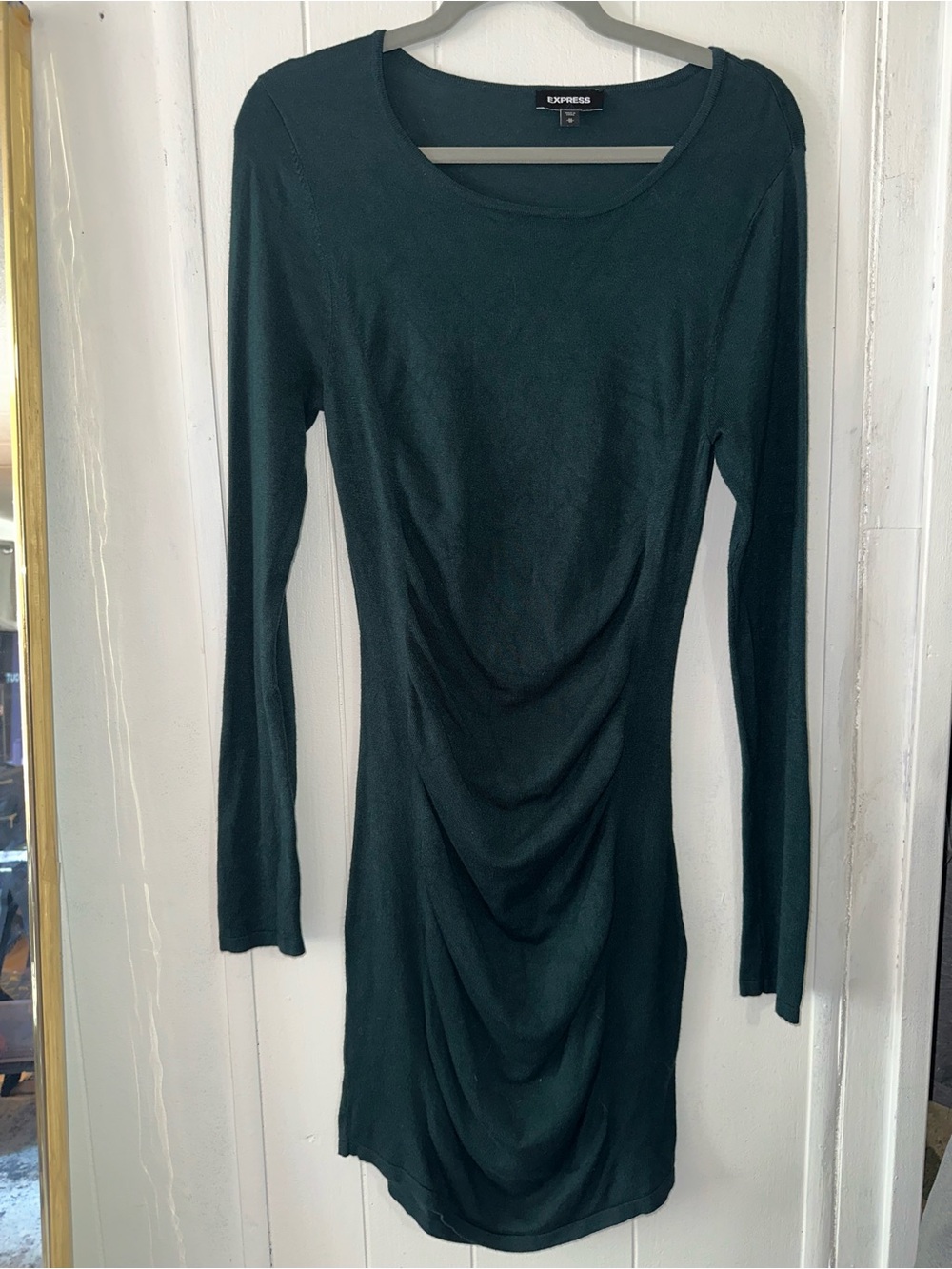 Express Women's Forest Green Long-Sleeve Ruched Knit Dress